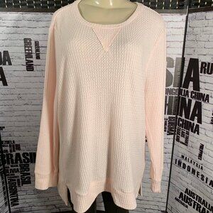 Green Tea Pink Textured Waffle Crew Neck Top